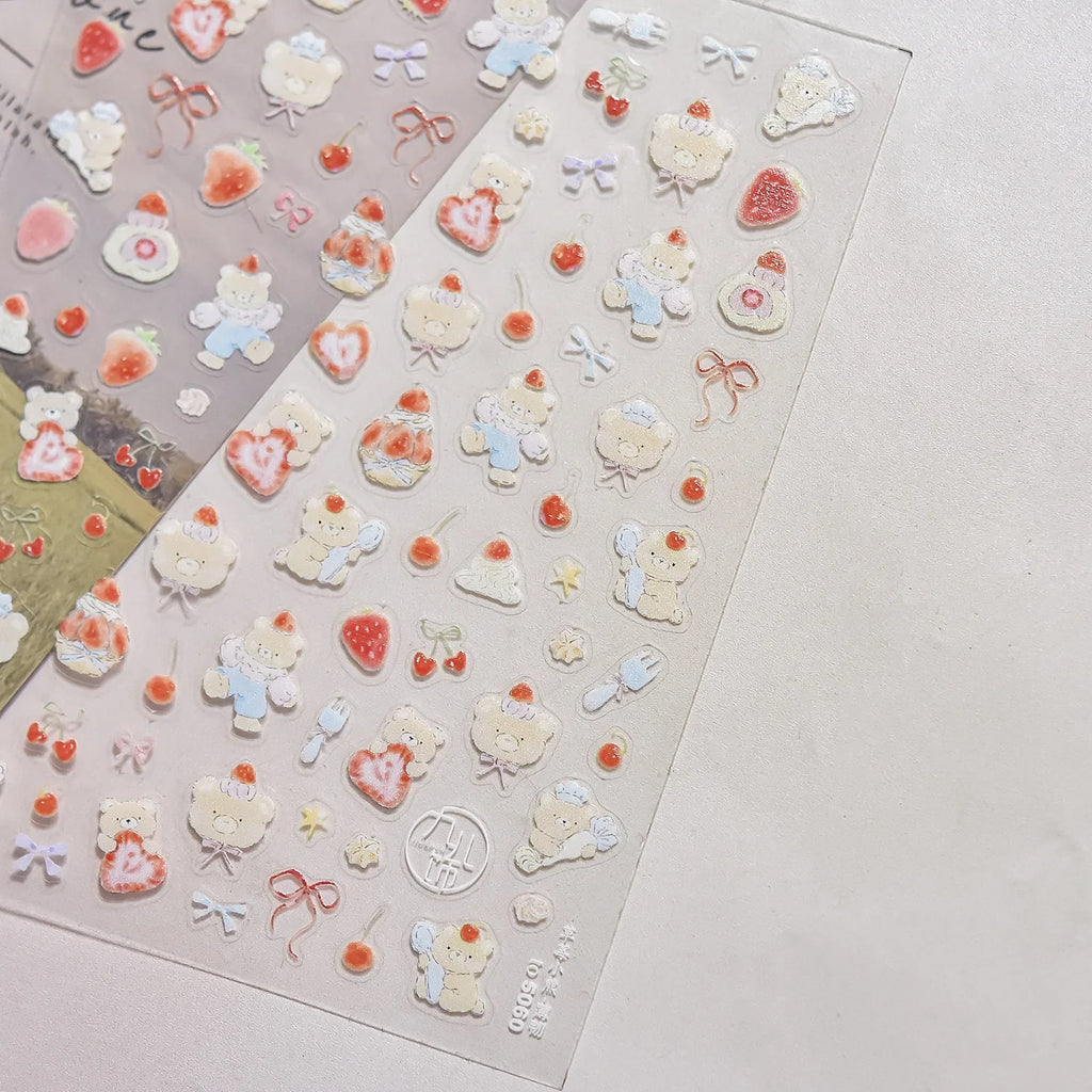 Cute 5D Embossed Relief Nail Art Sticker Colored Love Heart Manicure Decal Jelly Design Doughnut Lollipop Candy Strawberry Fruit