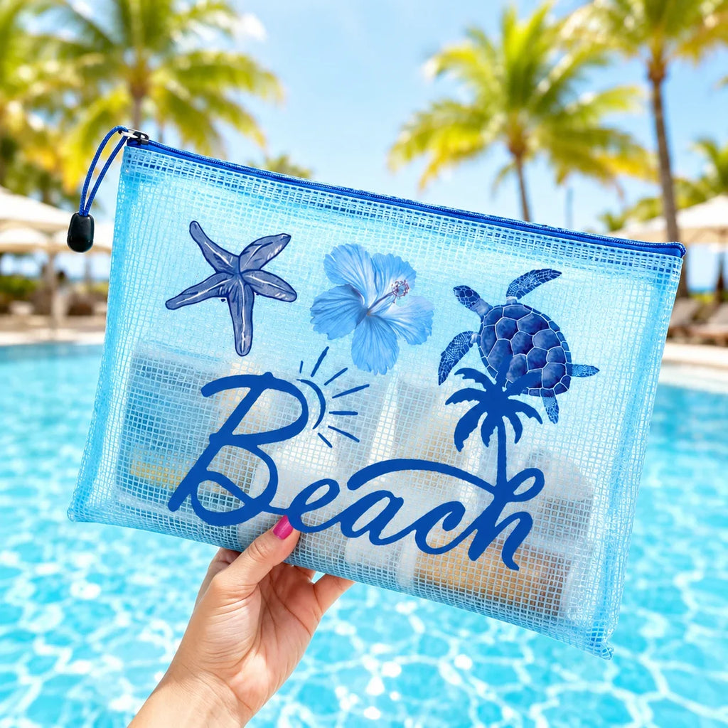Blue Mesh Beach Pouch, Transparent Waterproof Zipper Travel Toiletry Bag for Women Swim Pool Vacation Organizer