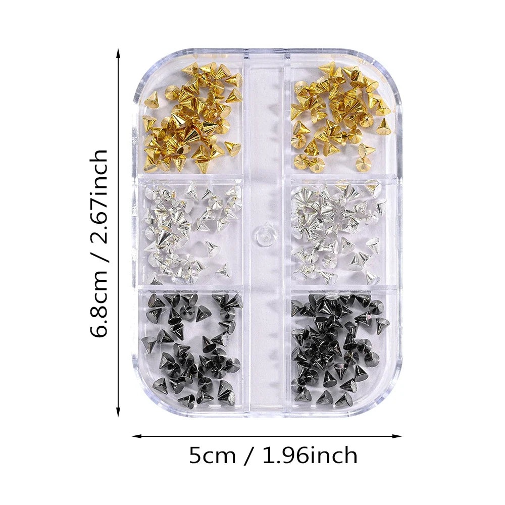 6Grids Halloween Punk Rivets Nail Art Charms Gold/Silver/Black Cone Spike Studs Nails Decorations DIY Cool Manicure Accessories