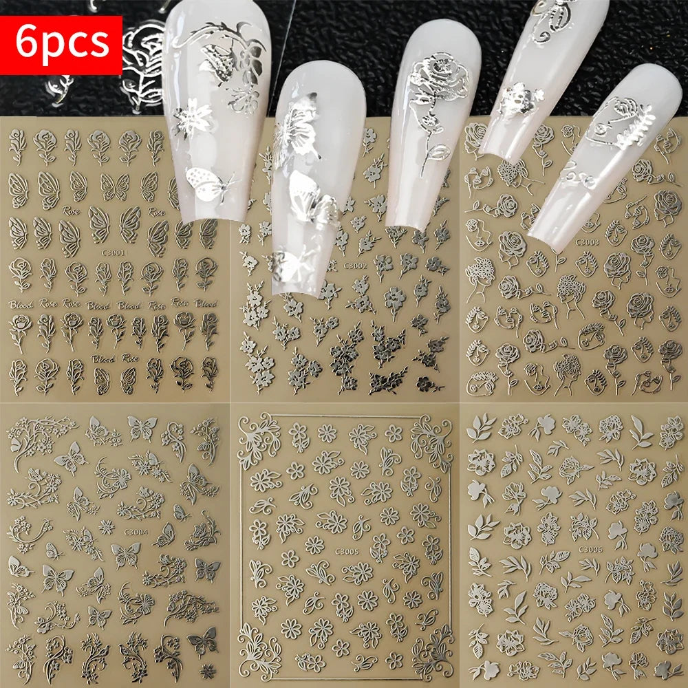 6pcs Glow In The Dark butterfly flowers Nail Stickers set Hot stamping laser Nails 3D Decals Self-adhesive Manicure Sliders NKS1