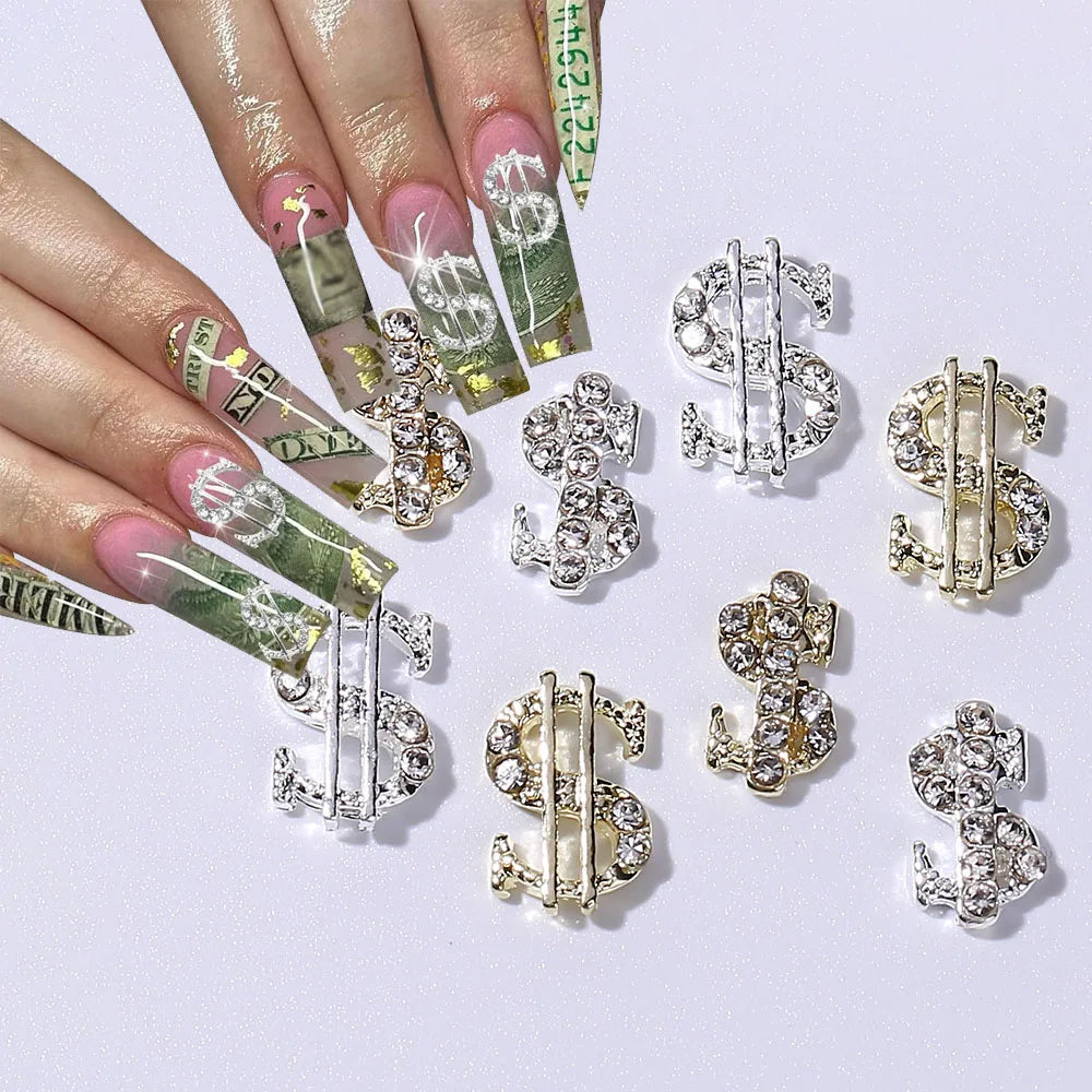 10pcs 3D Dollar Sign Nail Art Charms Metal Alloy Dollar Nail Diamond Accessories with Gems Rhinestones Luxury Money Supplies
