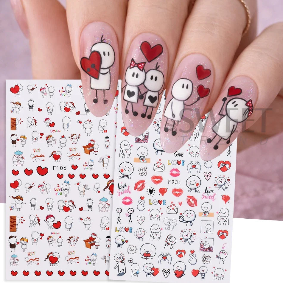 4pcs Valentine's Day Nails Stickers Cute Cartoon Love Heart Line Sliders for Nail DIY Design Self Adhesive Decals Manicure Decor