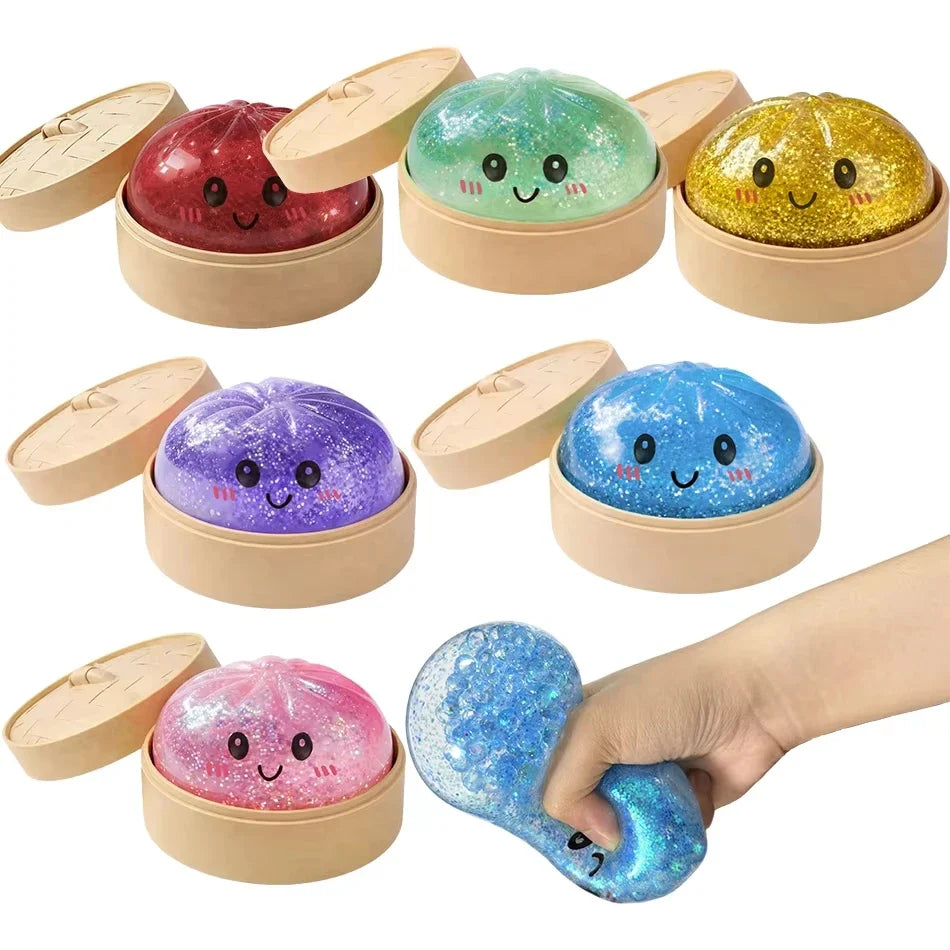 Simulation Dumpling Squishy Toy with Steamer Box Soft Squeeze Stress Ball Sensory Fidget Toy Stress Relief Creative Funny Gifts