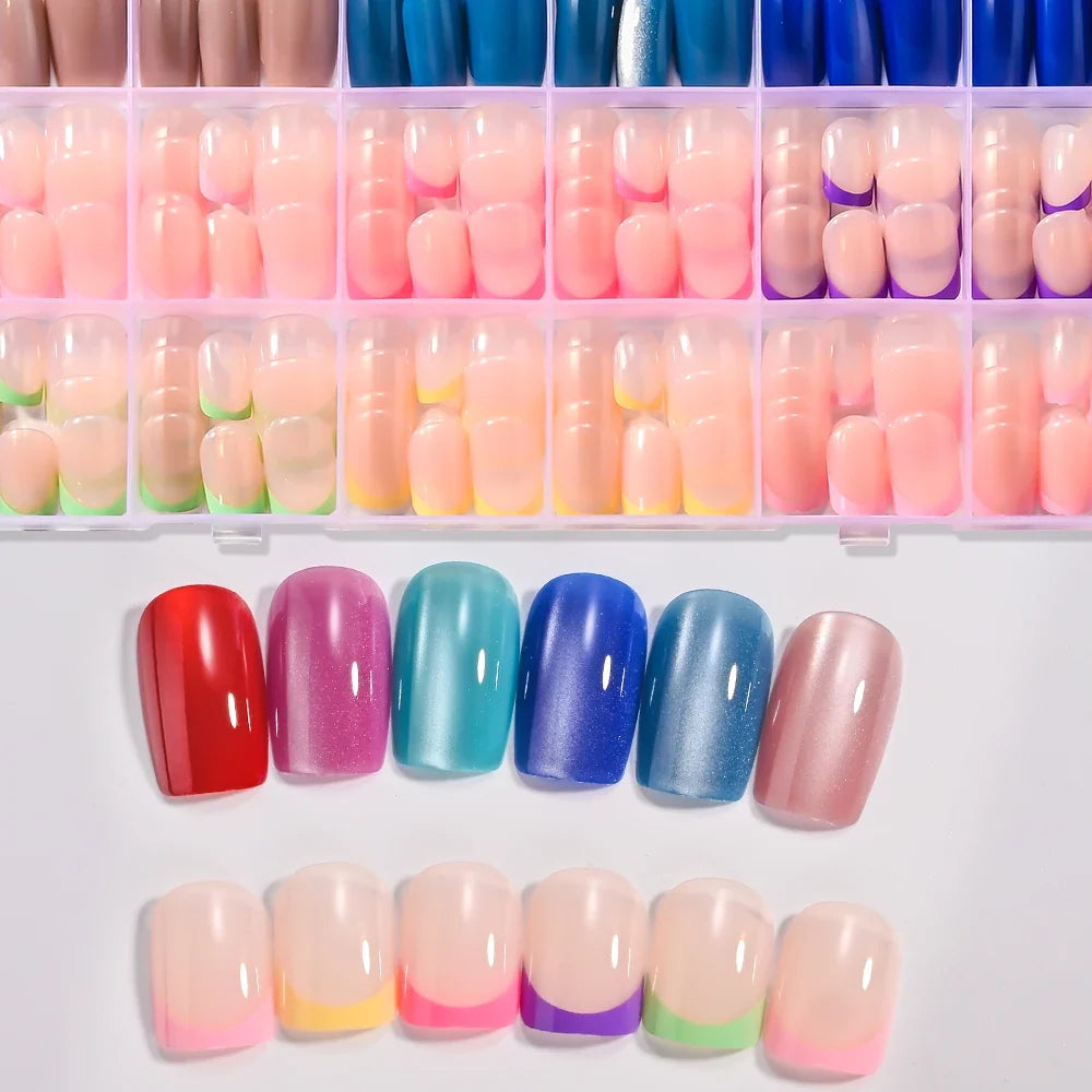 288pcs Red Blue Cat Eye Medium Coffin Press On Nails Colorful French Short Round Square False Nails Glossy Glitter Fake Nail Tip