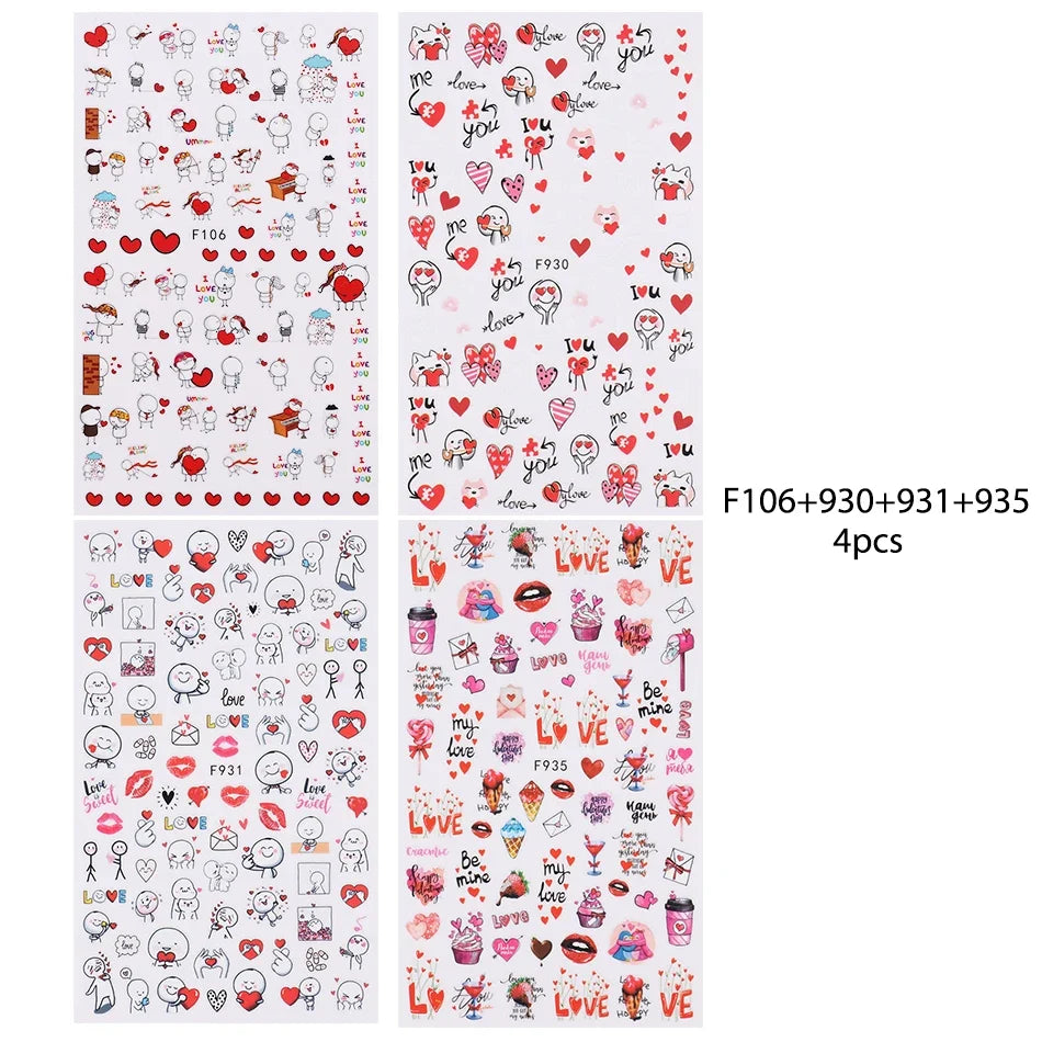 4pcs Valentine's Day Nails Stickers Cute Cartoon Love Heart Line Sliders for Nail DIY Design Self Adhesive Decals Manicure Decor
