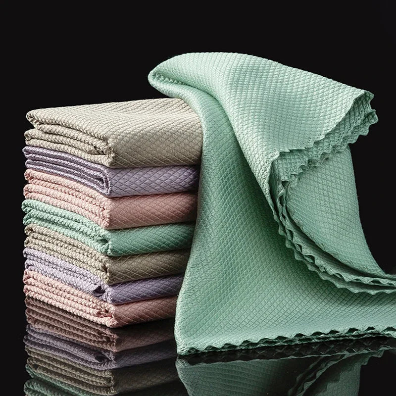 1-10pcs Microfiber Glass Cleaning Cloth Rag Lint-Free For Windows Car Kitchen Mirror No Trace Reusable Fish Scale Rag Polishing