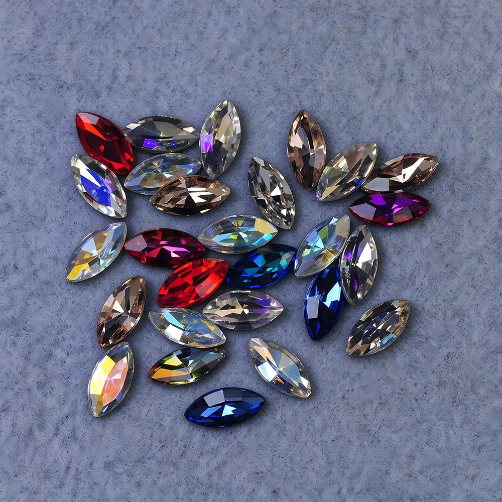 New 5A Colorful Navette 10pcs Glass DIY Nail Art Charms Accessories Rhinestones Horse Eyes Pointback Loose Jewels Beads Stones