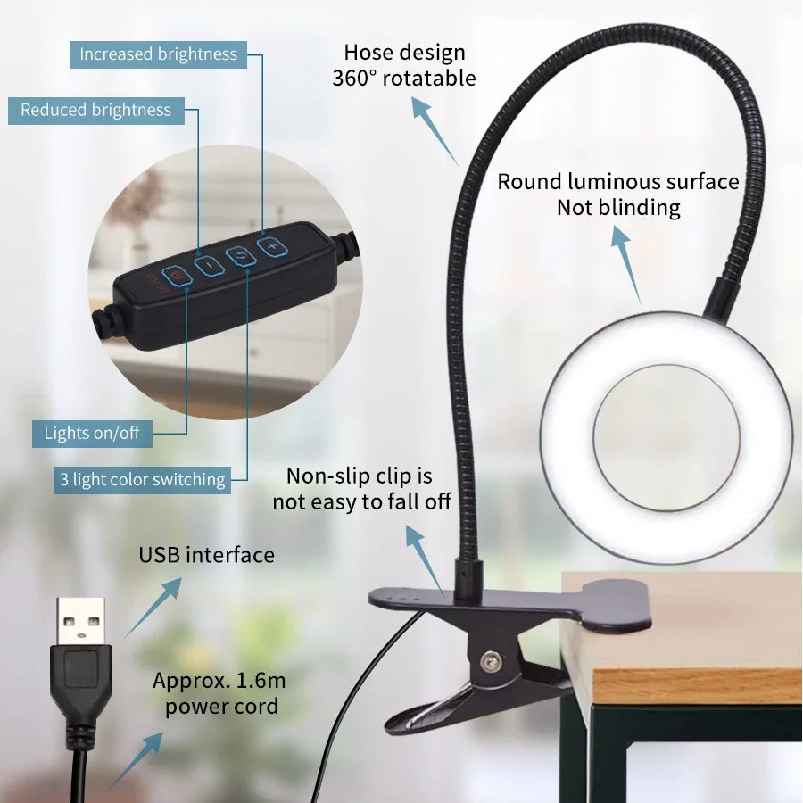 48 LEDs Clip on Desk Lamp 360°Flexible Gooseneck Reading Table Light Eye-Caring USB Clamp Books Night Light Study Read Light