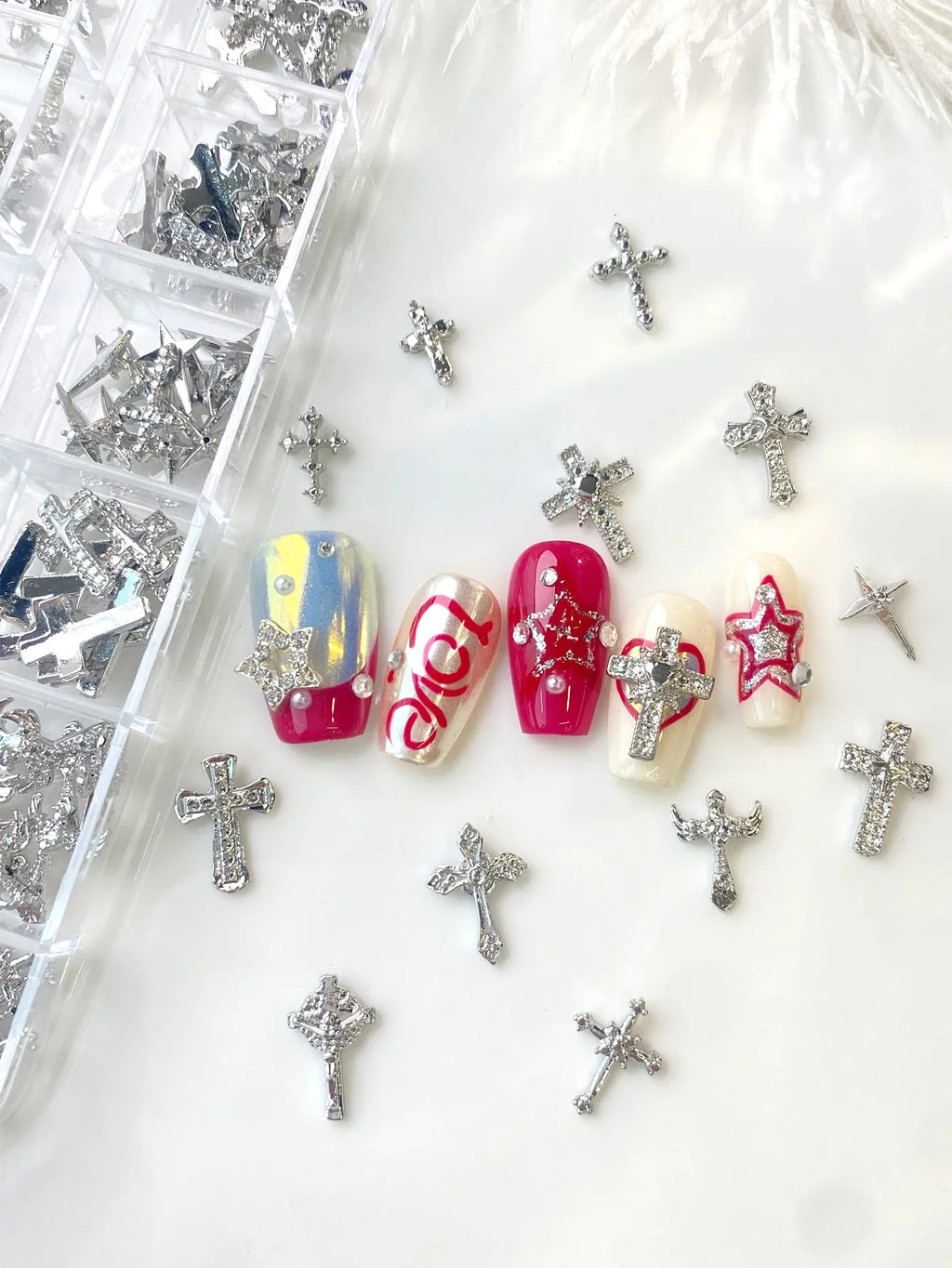 TSZS 12 Grids Y2K Silver Cross Nail Art Charms Mix Design Punk Starlight Cross with Wing Nail Decoration