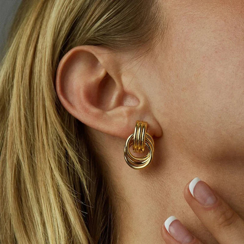 Vintage Texture Gold Plated Stainless Steel Earrings for Women Geometric Circle Twist Statement Earring Fashion Jewelry Bijoux