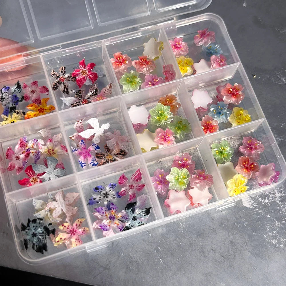 72Pcs 3D Crystal Jelly Soft Spotted Flower Nail Charms Transparent Leopard Lily Hibiscus Hawaiian Floral Nail Decor Nail Supplie
