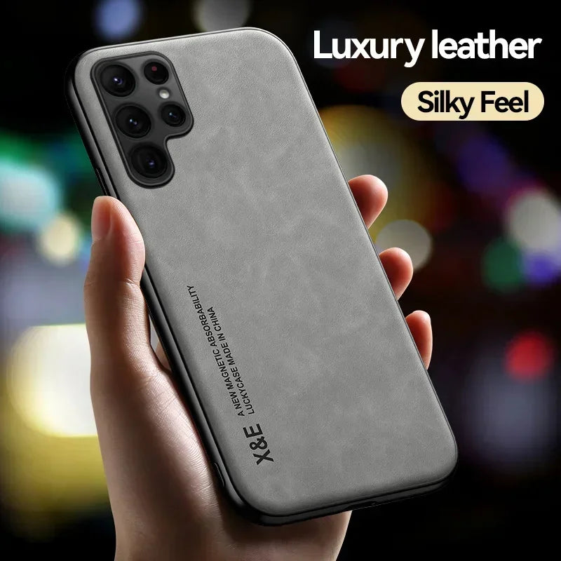 Luxury Leather Case For Samsung S26 S25 S24 S23 Ultra S25 FE A17 A16 A57 A56 A37 A36 5G Cover With Metal Plate Support Car Hold