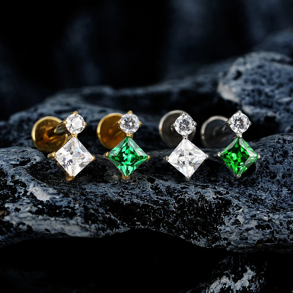 Right Grand ASTM F136 Titanium 16G Square & Round CZ Labret Stud Helix Conch Cartilage Earring Tragus Stud Piercing Body Jewelry