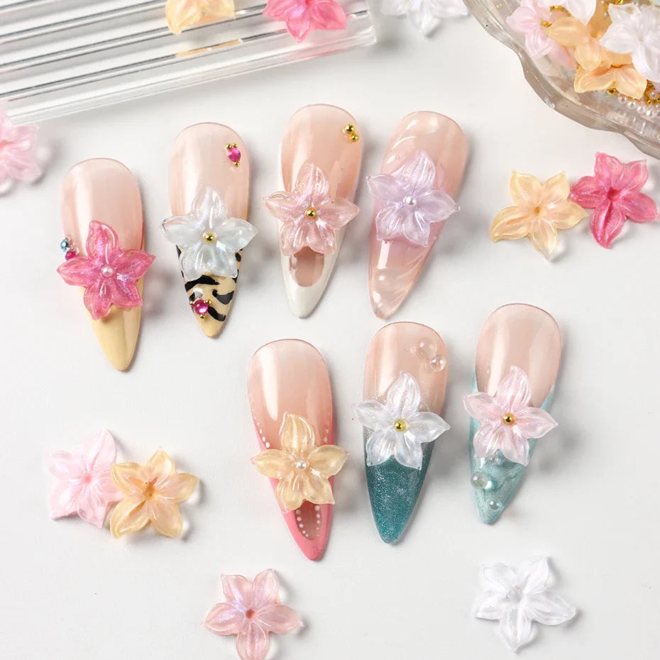30/100 pcs Crystal Flowers Nail Art Charms 5D Embossed Ice Lily Petals White Pearls Golden Steel Balls Nail Decoration Supplies