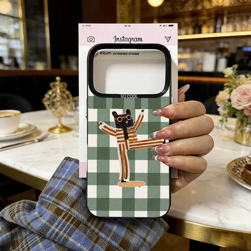 Simple Cute Green And White Plaid Animal Phone Case For iPhone 17 Air 16 15 14 Plus 13 12 18 Pro Max Laser Shockproof Cover Capa