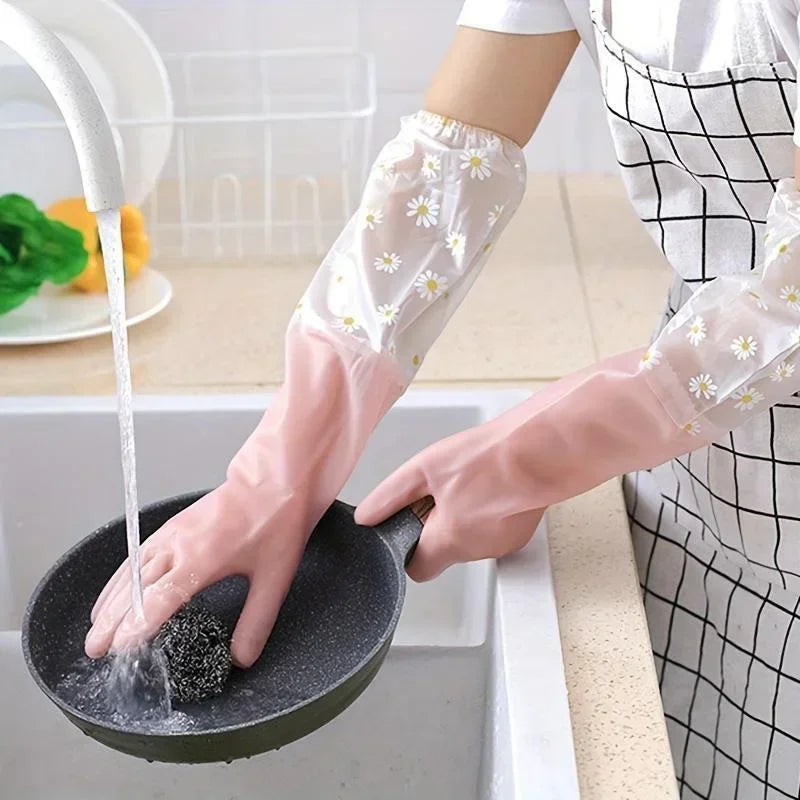 1 Pair Rubber Gloves Long Sleeve Reusable Dishwashing Gloves Kitchen Oven Pet Cleaning Gloves Kitchen Accessories