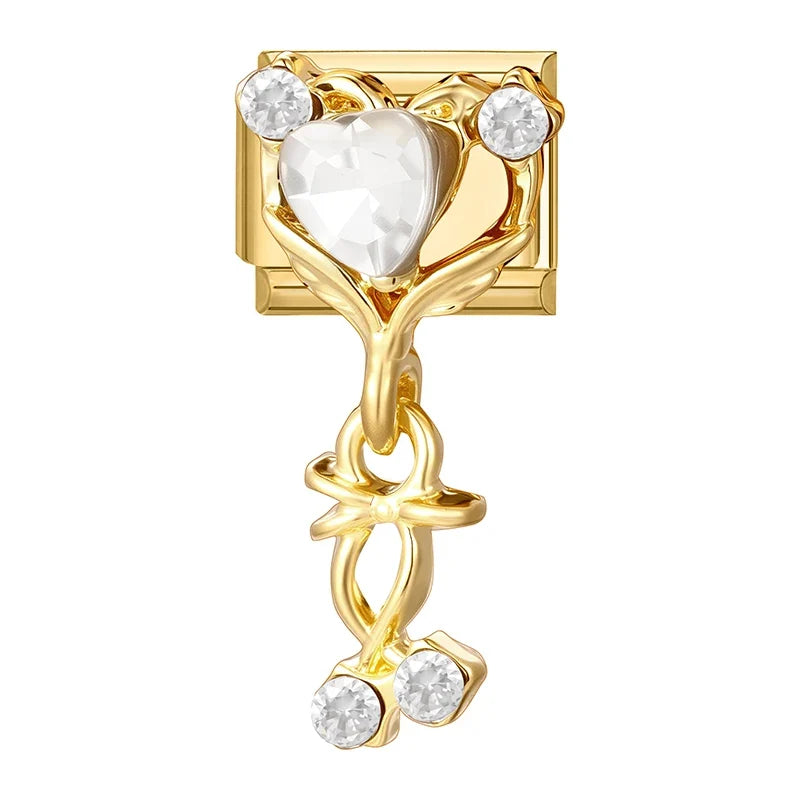 Fashion Dreamy Luxury Gold Color Series Red Heart Bows Zircon  Italian Charms Fit 9mm Stainless Steel Women Bracelet DIY Jewelry