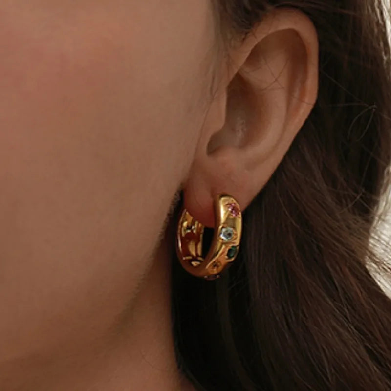 Elegant Colorful Zircon Hoop Earrings Piercing Woman Accesories 2025 Exquisite Round Stainless Steel Earrings Party Jewelry Gift