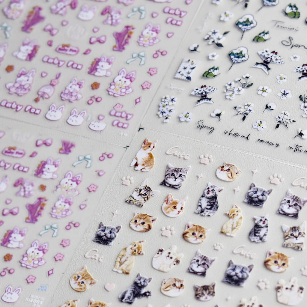Lovely Sweet Cat Bunny Flower Dog 5D Relief Self Adhesive Nail Art Decoration Pretty Kitty Puppy Girl Sticker 3D Manicure Decals