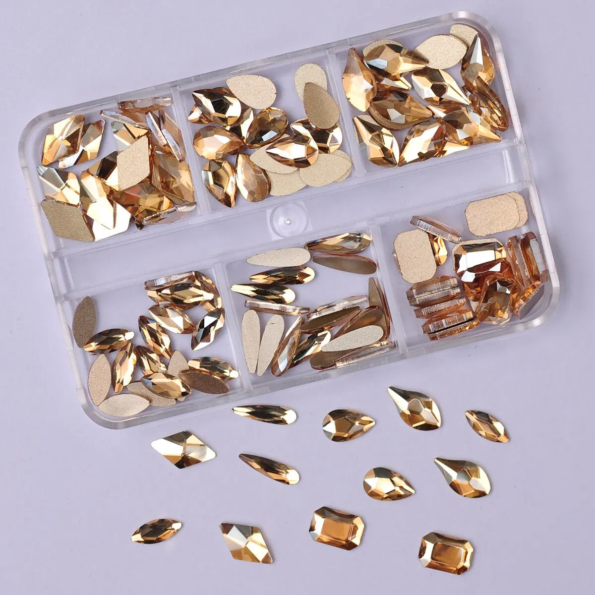 6 Grids 120pcs Mixed Shapes Golden Shadow Nail Rhinestones Nail Charms Accessories Flat Back 3D DIY Nails Art Decoration