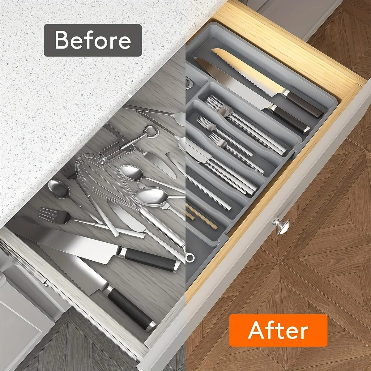UpgradedAdjustable Cutlery Drawer Organizer Plastic Divided Storage Tray Space Saving Holder for Kitchen Knives Spoons Tableware