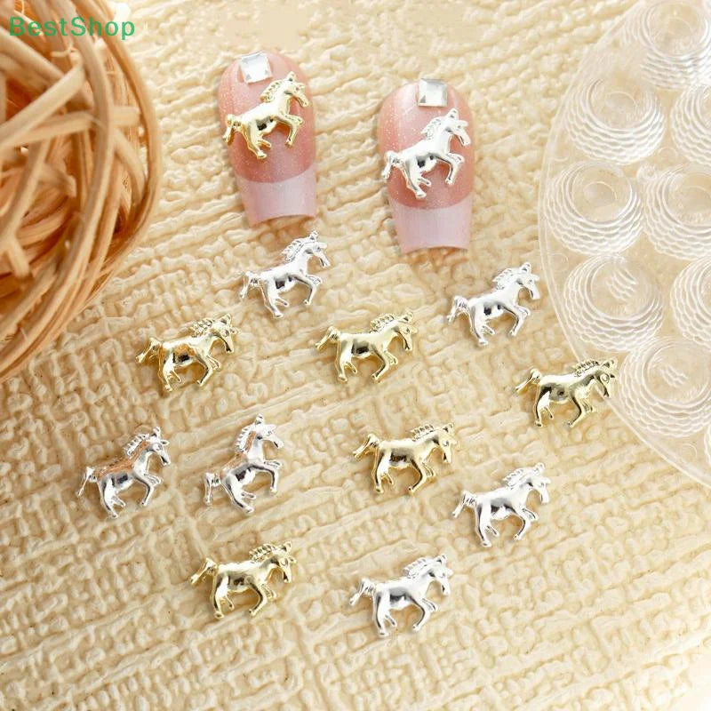 ♥3D Horse Nail Art Charms Gold Silver Animal Shaped Nail Decorations,DIY Manicure Accessories for Fashion Nail Design