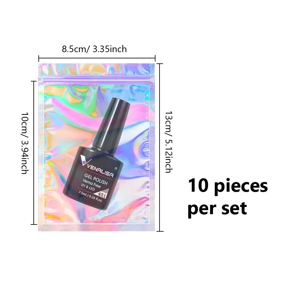 10Pcs Holographic Foil Resealable Zip Bags for Nail Rhinestones Jewelry Makeup Gel Polish Packaging Gift Pouch