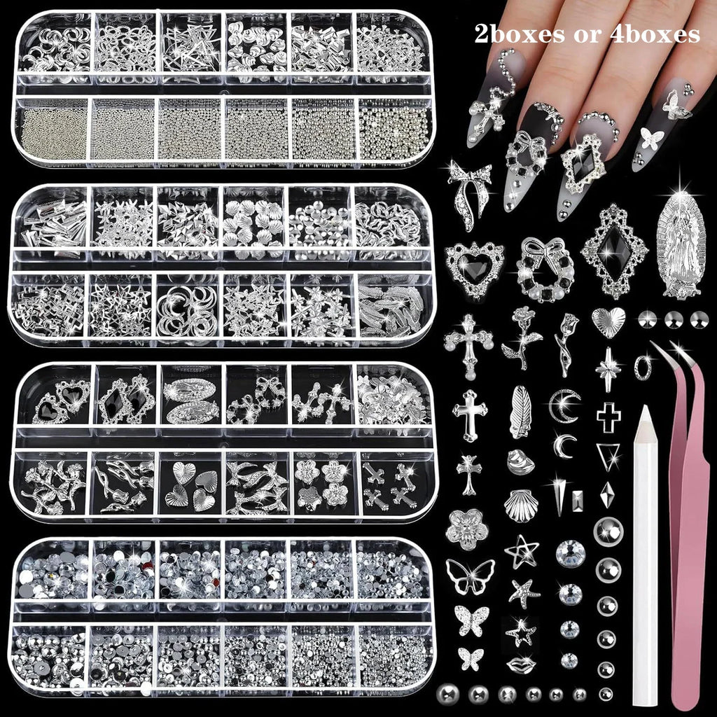 4 Box Nail Rhinestones Set, Silver Color Nail Jewelry, 3D Cross Heart Flat Backs, DIY Nail Art Accessories, Resin & Metal Charms