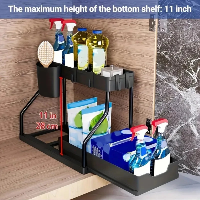 2-Tier Pull Out Under Sink Organizer Sliding Drawer Shelf Storage Rack with Hooks Cup for Kitchen Bathroom Counter Cabinet