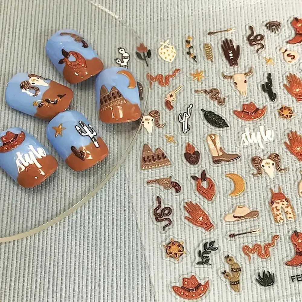 Morocco Style Exotic Nail Decals 5D Adhesive Nail Supplies Snake Cowboy Clothing Cow Nail Sticker Decals Women Manicure Slider