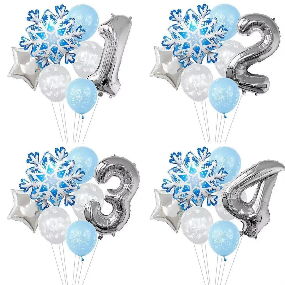 7Pcs Number Snowflake Balloon Set Winter Snow Themed Foil Balloons Birthday Party Decorations