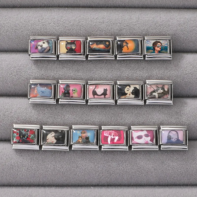 New 9mm Original Design Artistic Cats Girls Sea Colorful Pattern Stainless Steel Charm Italian Bracelet Link Making DIY Jewelrys