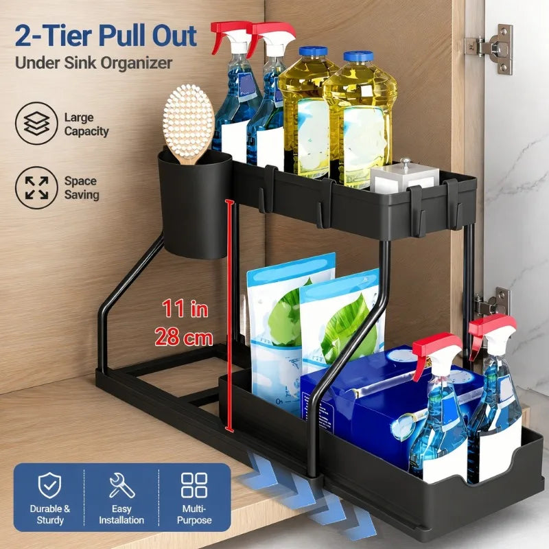 2-Tier Pull Out Under Sink Organizer Sliding Drawer Shelf Storage Rack with Hooks Cup for Kitchen Bathroom Counter Cabinet