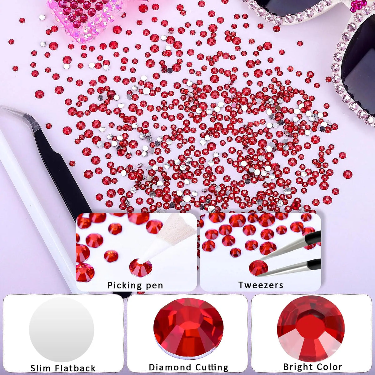 Red Silvery Flatback Resin Rhinestones 2mm 3mm 4mm 5mm 6mm Faux Gems Beads for Crafts DIY Nail Art Charms Supplies Stone Bulk