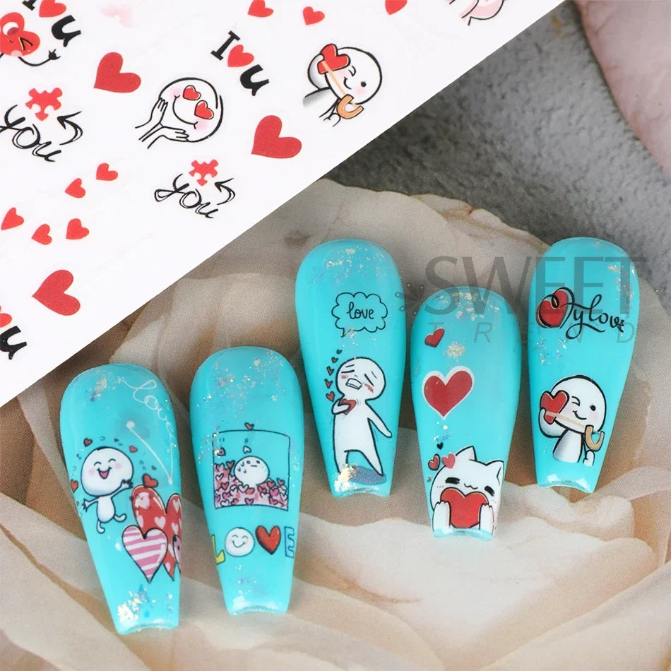 4pcs Valentine's Day Nails Stickers Cute Cartoon Love Heart Line Sliders for Nail DIY Design Self Adhesive Decals Manicure Decor