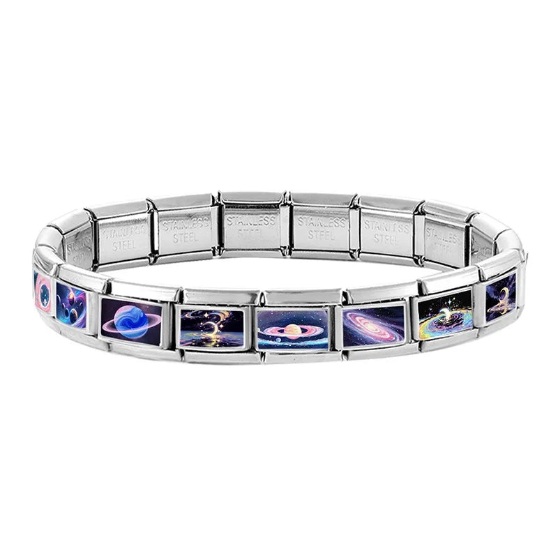 2026 Wholesale Shiny Moon Stars Night Sky Black Italian Charm Links Fit 9mm Stainless Steel Bracelet Women DIY Making Gift