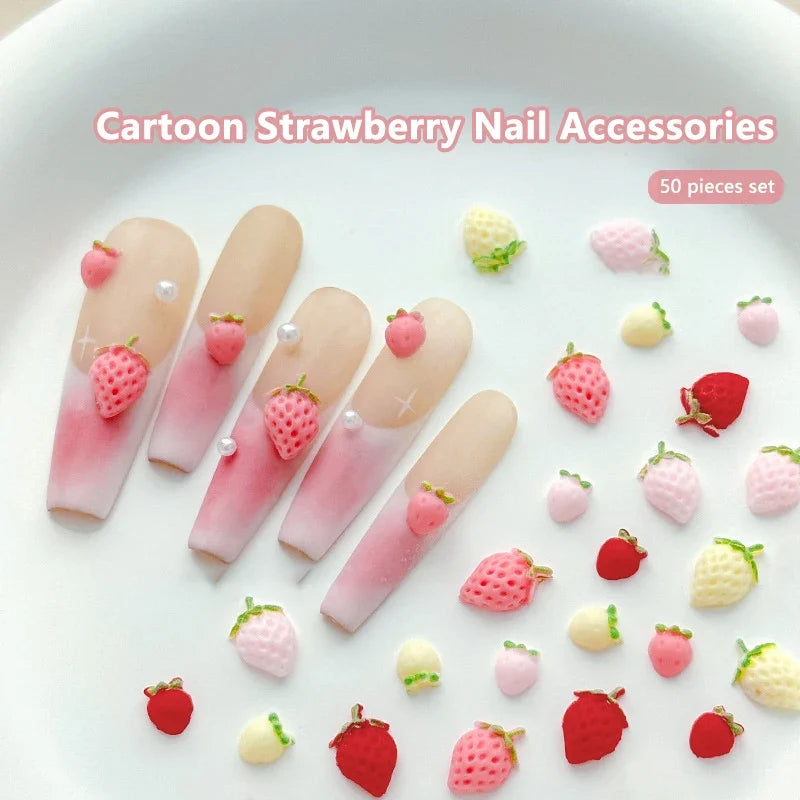 50PCS 3D Resin Cartoon Fruits Nail Rhinestones Decorations Parts Sweet Strawberry Nail Charms DIY Summer Nail Art Accessories