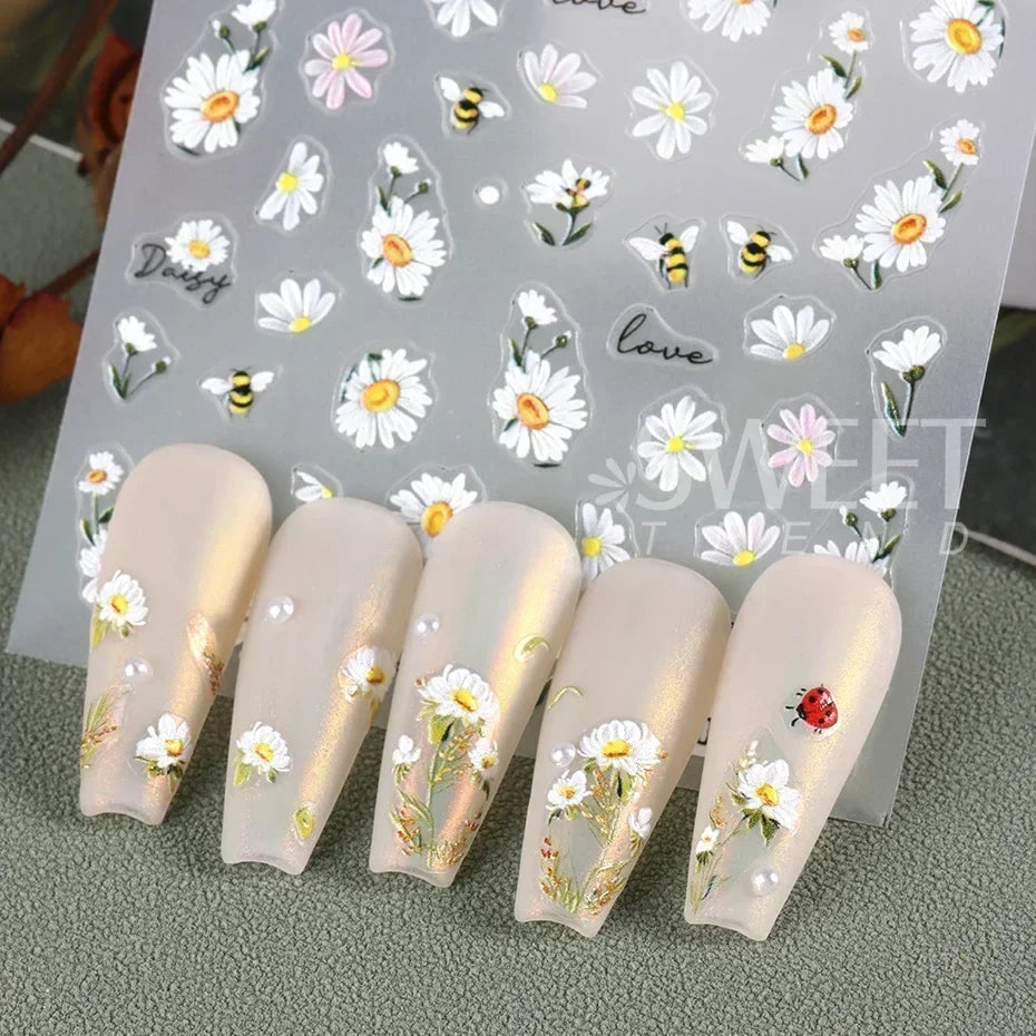 5D Daisy Flower Nail Stickers Cute Bee Blossom Petal Insect Self Adhesive Manicure Decal DIY Spring Summer Nail Art Decoration