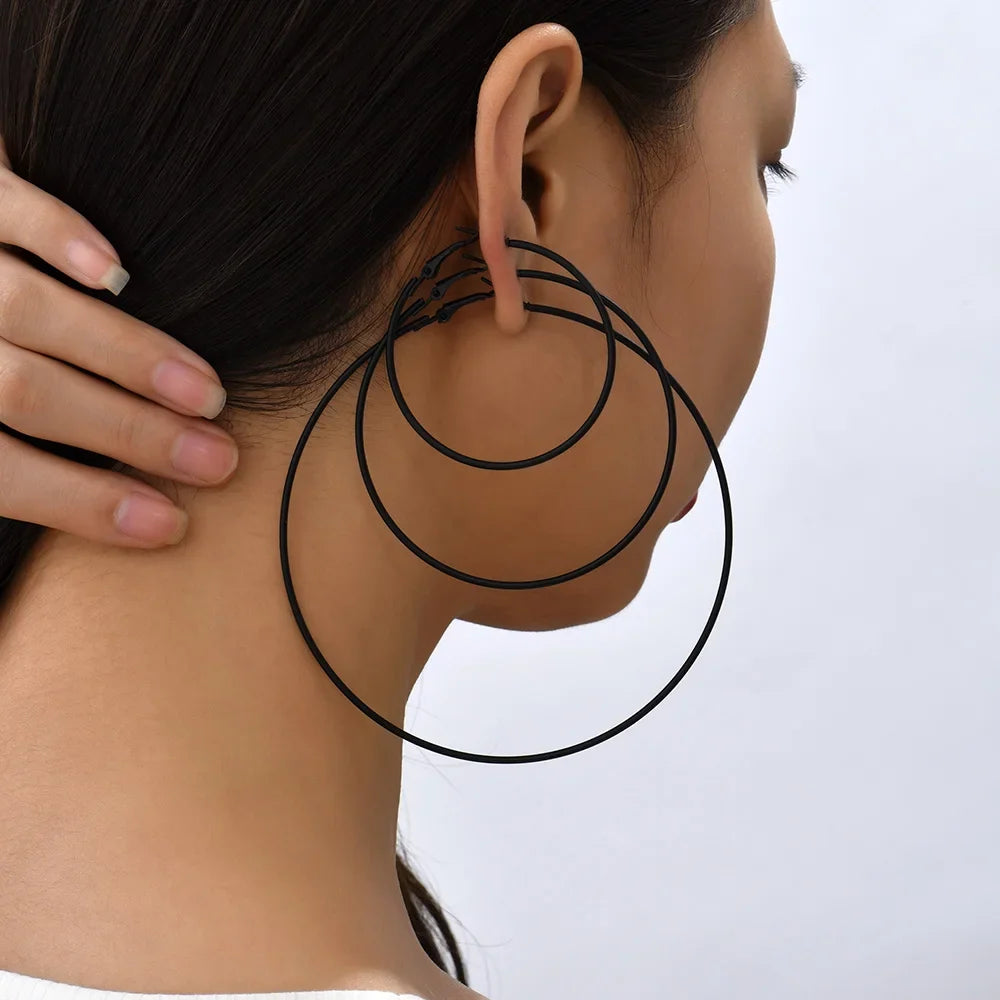 5 Sizes Stainless Steel Black Round Circle Hoop Earrings for Women Punk Exaggerated Smooth Statement Earring Gothic Jewelry Gift