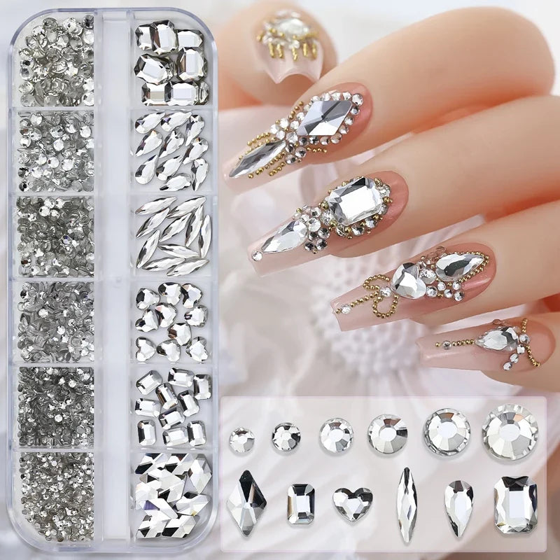 12 Grids Hot Selling Rhinestones Nail Art Charms 3D Set Multi-shapes Colorful Flatback Diamonds Nail Decoration DIY Nail Parts