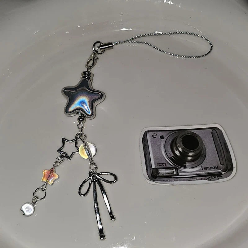 1pcs Cellphone Lanyard Keychain For Phone Style Metal Silver Star Bow Pendant Phone Charm Strap Sweet Cool Girl Pendant