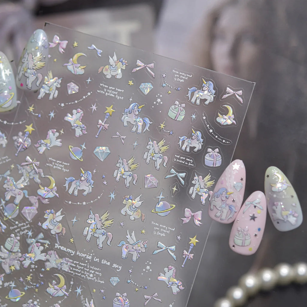 5D Fantasy Y2K Nail Decals Laser Holographic Unicorn Star Moon Gem Diamond Gift Box Self-adhesive Nail Art Sticker Fantasy Girl
