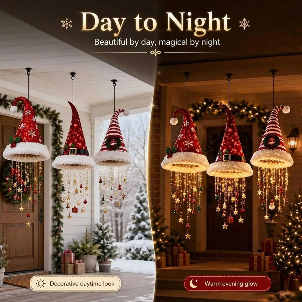 DIY Lighted Santa Hat Chandelier - Warm LED Glowing Christmas Ornaments Hanging Chandelier 5 Styles for Festive Decor