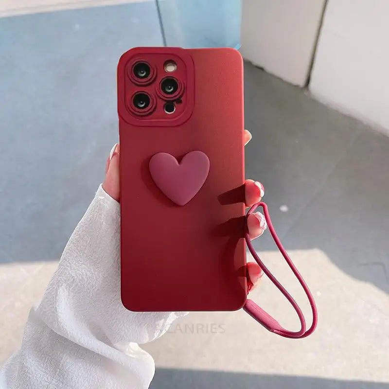 Cute 3D Love Heart Silicone Case For Iphone 14 Plus 13 Pro Max 12 Mini 11 X Xs Xr 7 8 14plus Iphone14 Lanyard Wrist Strap Cover
