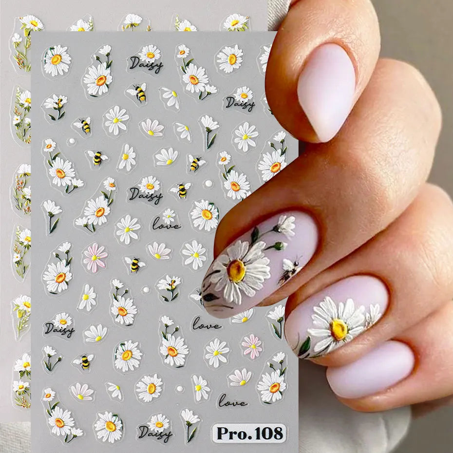 2pcs 5D Embossed Spring Daisy Nails Decals Cute Bee Ladybug Nail Stickers Blossom Petals Adhesive Charms Manicure Slider Decor