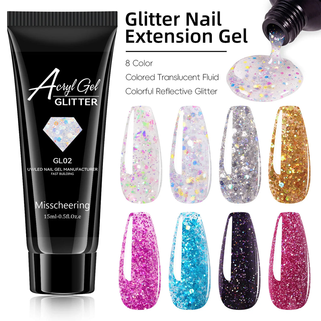 Misscheering 15ml Glitter Acryl Gel Nail Extension Gel Quick Building UV LED Poly Nail Gel Sparkly Sequin Nail Builder Gel Nail