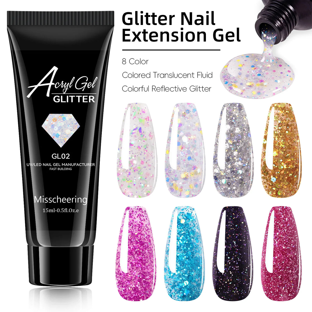 Misscheering 15ml Glitter Acryl Gel Nail Extension Gel Quick Building UV LED Poly Nail Gel Sparkly Sequin Nail Builder Gel Nail