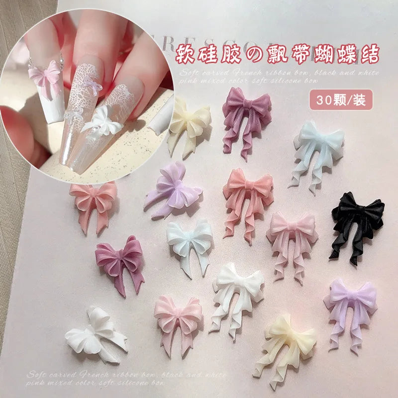 30Pcs Soft Acrylic Ribbon Bow Tie Nail Art Charms Accessories For Manicure Decor Sweet Girl Nails Decoration Supplies Material