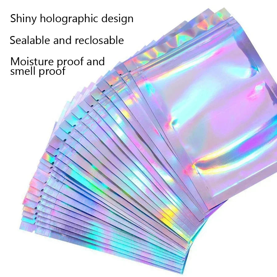 10Pcs Holographic Foil Resealable Zip Bags for Nail Rhinestones Jewelry Makeup Gel Polish Packaging Gift Pouch