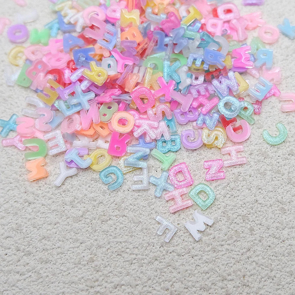 100pcs Mix Letter Nail Art Charms Candy Color with Glitter Resin Nail Rhinestones Kawaii Flatback Alphabet DIY Craft Supplies